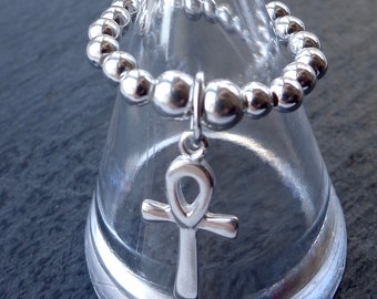 Ankh stretch and stack 925 Sterling Silver Bead Ring
