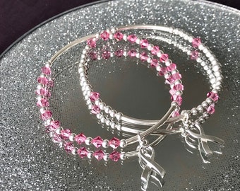 Sterling Silver Stretch Bracelet Breast Cancer Awareness Ribbon, Stackable, Cancer Survivor, Fighting Cancer,