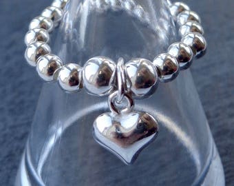 Small Puffed Heart stretch and stack 925 Sterling Silver Bead Ring