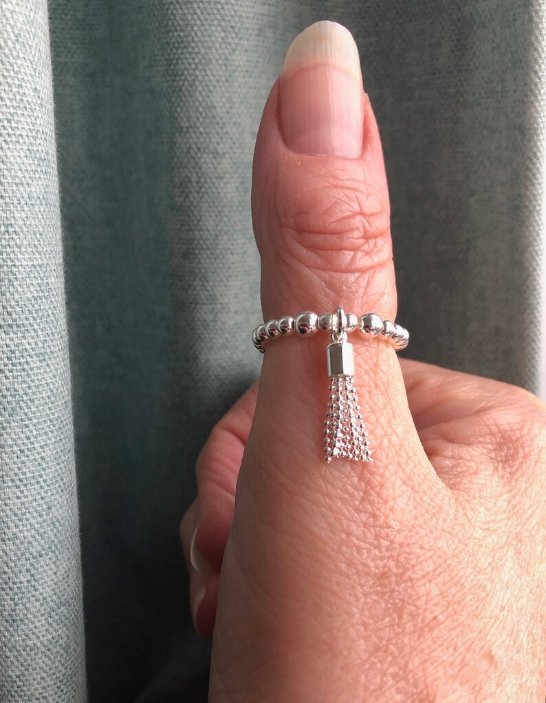 Mini Bead Tassel 925 Sterling Silver Bead Ring stretch and stack image 5