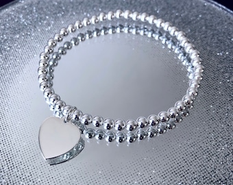 Sterling Silver Plain Heart Tag Stretch Bracelet, Stackable