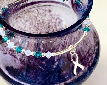 Sterling Silver Stretch Bracelet Cervical Cancer Awareness Ribbon, Stackable, Cancer Survivor, Fighting Cancer,