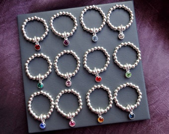 Birthstone Charm stretch and stack 925 Sterling Silver Ring Beaded Jan Feb Mar Apr May Jun Jul Aug Sept Oct Nov Dec Birth Stone