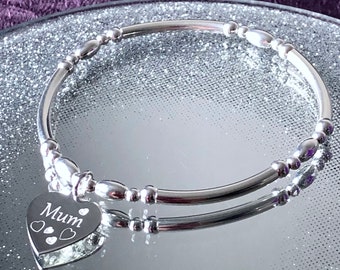 Mum Heart 925 Sterling Silver Stretch Bracelet, Stackable, Noodle Bracelet