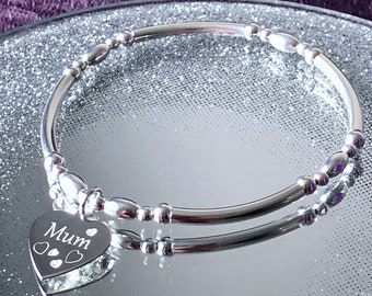 Mum Heart 925 Sterling Silver Stretch Bracelet, Stackable, Noodle Bracelet  FREE ENGRAVING AVAILABLE