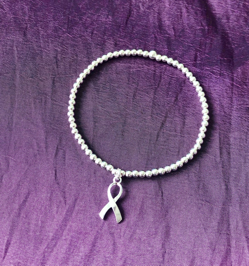 Sterling Silver Stretch Bracelet Awareness Ribbon, Stackable, Cancer Survivor, Fighting Cancer, Mental Health, Autism Diabetes Heart disease image 2