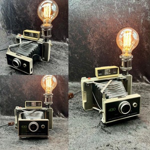 Vintage 1972 Polaroid Camera Lamp with Round Edison Bulb