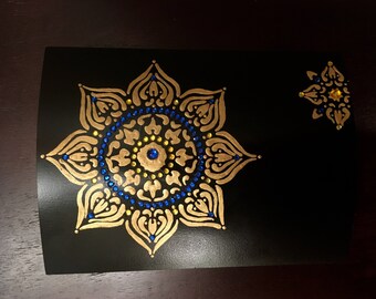 Upcycled Altered Cigar Box Black Divided Hand Painted Jeweled Trinket Box