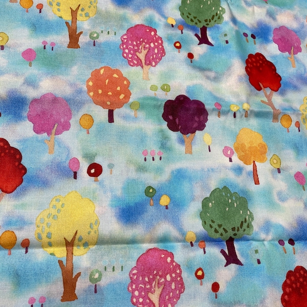 Quilt Fabric Fanciful Forest Whimsical Trees on Blue Sky