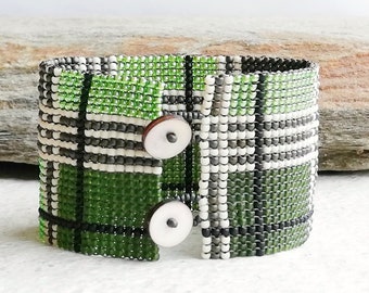 Wide boho seed bead bracelet, Large green bracelet, Beadwoven cuff