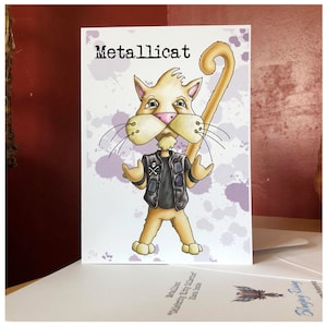 Tarjeta de felicitación de Metallicat, de la "colección Celebrity Kitty". Tarjeta de cumpleaños/Aniversario/Día del Padre o de la Madre.