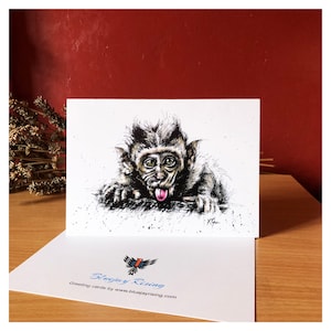 Cheeky Monkey Carte de voeux 5"x 7". Sur le thème de la faune. Impression d'une image dessinée à la main