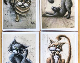 Pack of 4 Cat Greetings cards. "Cateristics" Collection. Father's or Mother's Day/Anniversary/General birthday card.