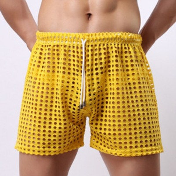 Yellow Sheer Fishnet Mesh Shorts Men or Women SheerSwim