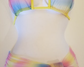 Sheerswim Rainbow Yellow Sarong & Rainbow Sheer Bikini Top