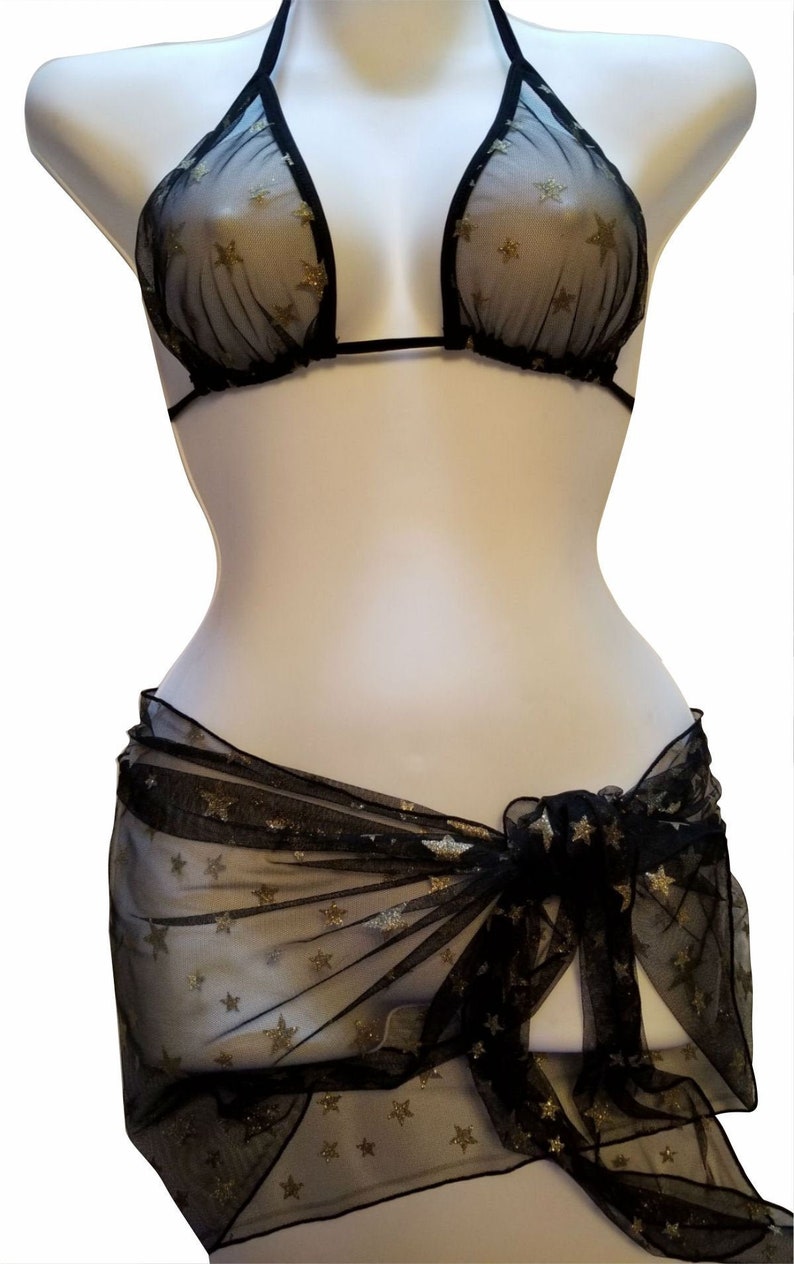 Black Embellished Gold Stars Bikini Top /& Sheer Black Sarong