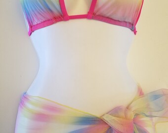 Sheerswim Rainbow Pink Sarong & Rainbow Pink Sheer Bikini Top