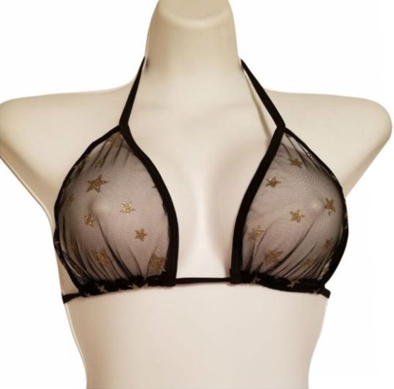Black Embellished Gold Stars Bikini Top /& Sheer Black Sarong
