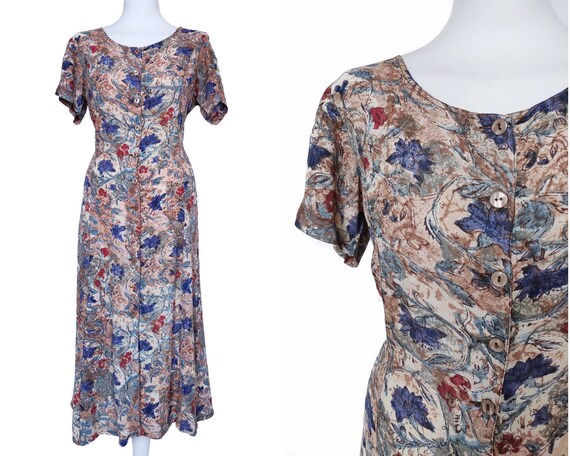 80s does 40s Floral Beige Blue Dress Summer 40s St