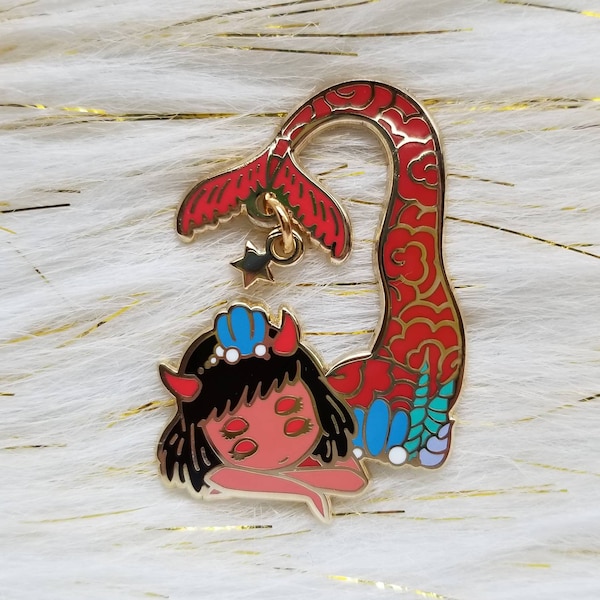 Oni mermaid hard enamel pin gold plated lapel accessory jewelry demon girl mythical fantasy horns spooky seashells star dangling charm ocean