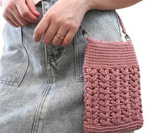 Crochet Phone Crossbody Purse, Handmade Cotton Small Pouch, Zipper Wallet Strap