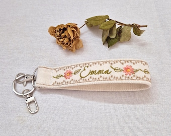 Custom Embroidered Wristlet Keychain – Pink Orange Daisy - Gift For Her