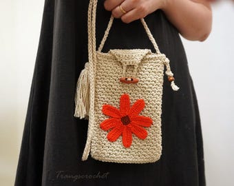 Bolso bandolera de crochet hecho a mano: Monedero para celular con flores de algodón