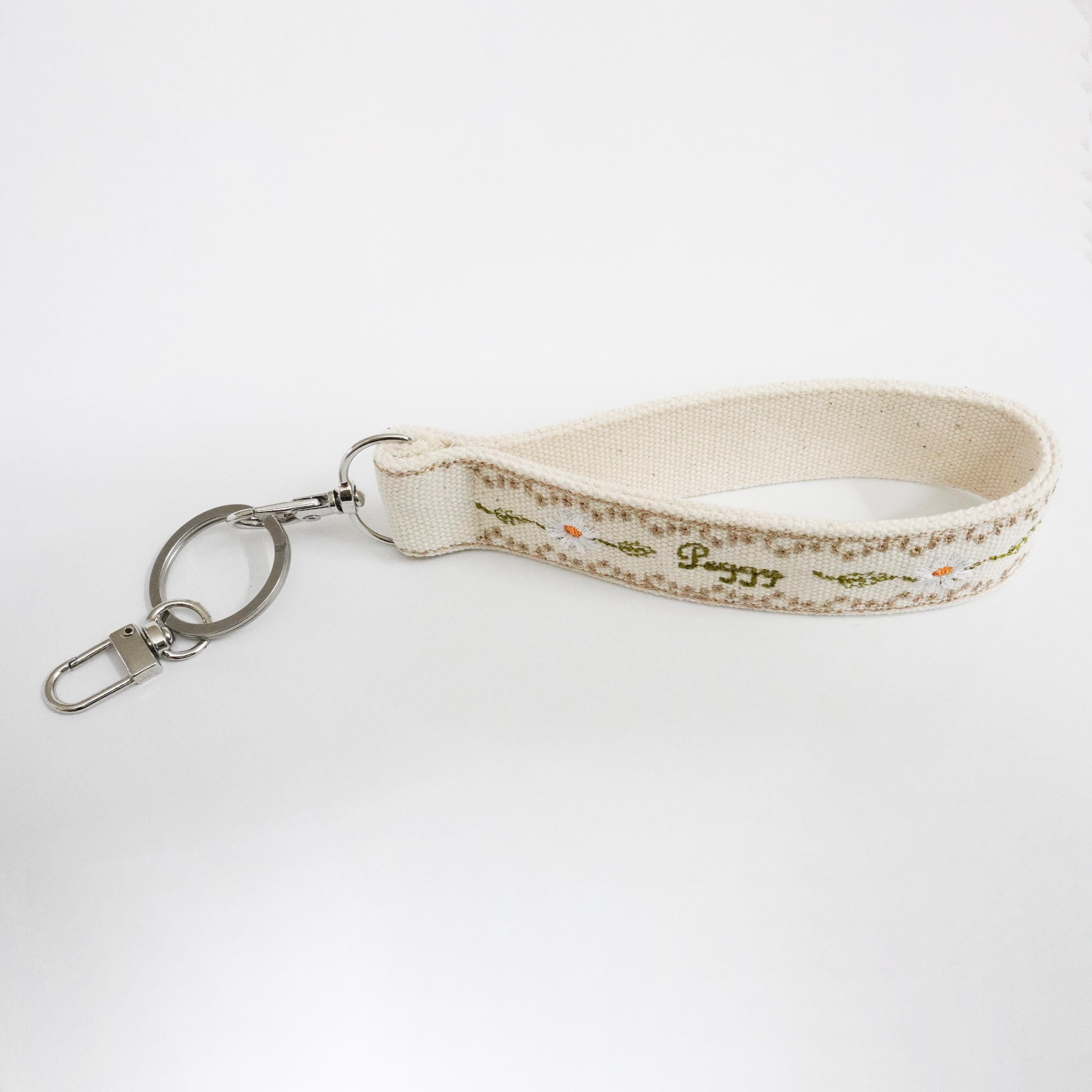 Ivory Keychain Personalized Daisy & Leaf Embroidered Canvas Wristlet Keychain – Custom ...