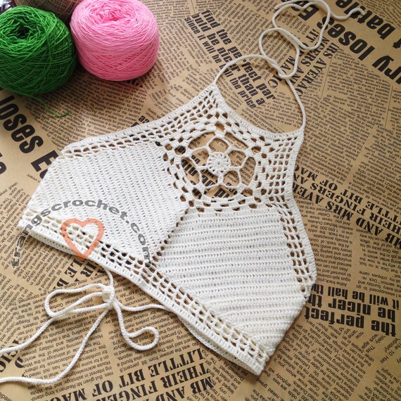 crochet crop top boho hippie white crochet top halter top