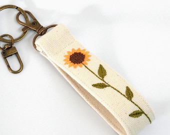 Personalized Sunflower Wristlet Keychain, Custom Name Key Fob, Embroidered Floral Keychain, Teacher Gift