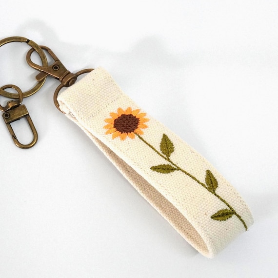 Personalized Sunflower Wristlet Keychain, Custom Name Key Fob, Embroidered Floral Keychain, Teacher Gift
