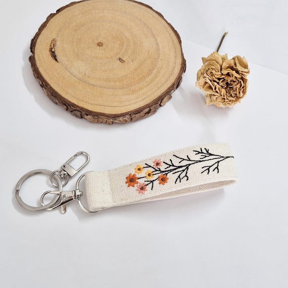 Personalized Flower Keychain, Custom Name Canvas Key Fob, Corporate Gifts for Clients