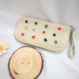 Handmade Crochet Clutch Wallet for Women – Elegant Design with Gemstone Accents, Customizable Colors, Cotton Yarn Zipper Bag