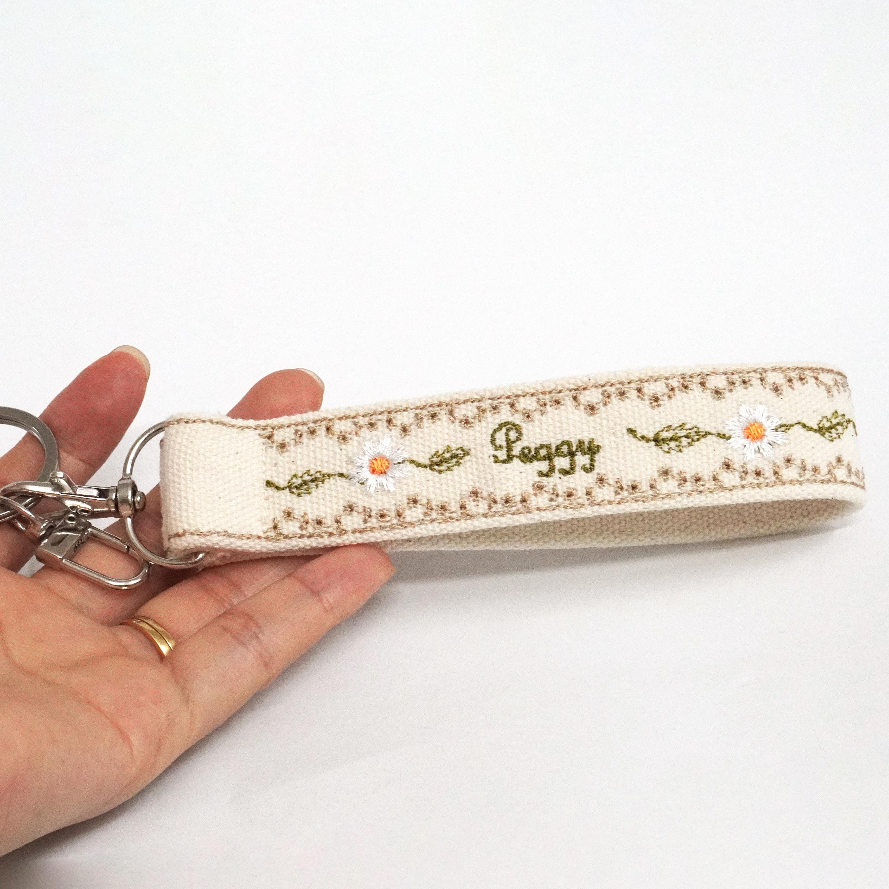 Ivory Keychain Personalized Daisy & Leaf Embroidered Canvas Wristlet Keychain – Custom ...