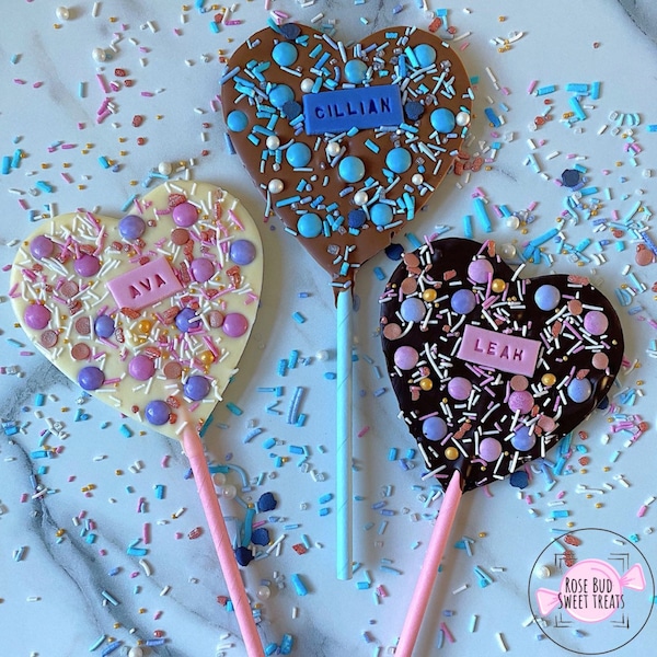 Personalised Heart Lollies - Belgian chocolate | Pink or Blue