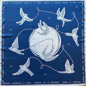Artificial Silk Scarf with Swallow Print – Blue and White, 65x65 cm