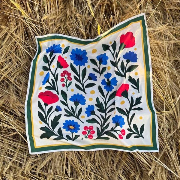 Ukrainische Blumen Seidenschal, Mohnblumen, Kornblumen, Kamille, 65 x 65 cm