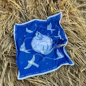 Artificial Silk Scarf with Swallow Print – Blue and White, 65x65 cm