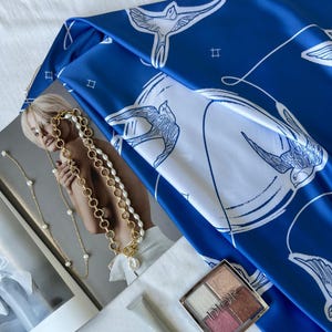 Artificial Silk Scarf with Swallow Print – Blue and White, 65x65 cm