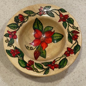 Wooden Bowl Decorated with Painted Mandevilla Flowers