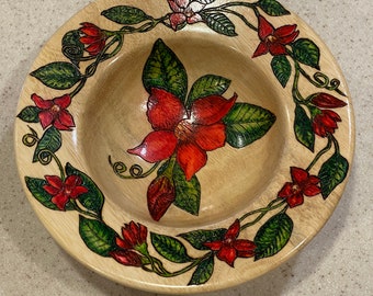 Wooden Bowl Decorated with Painted Mandevilla Flowers