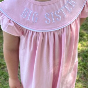 Big sister dress, Pink summer dress, toddler big sister, big sister embroidered outfit, scallop trim dress, pink embroidered big sister image 3