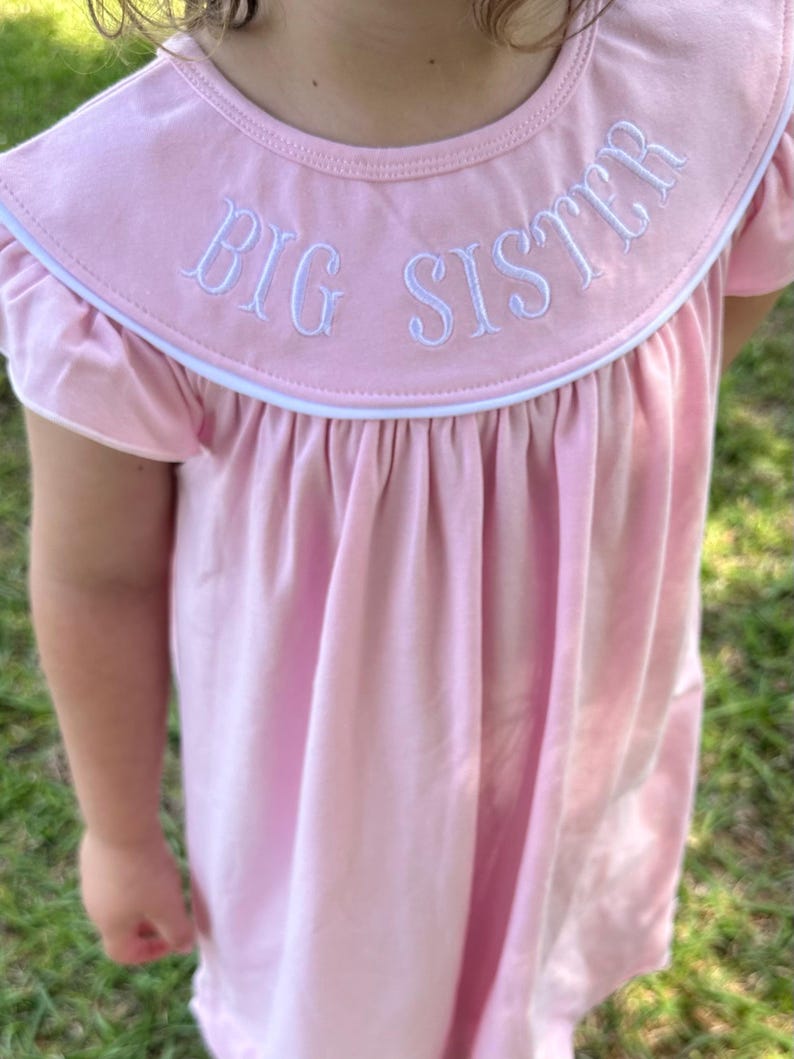Big sister dress, Pink summer dress, toddler big sister, big sister embroidered outfit, scallop trim dress, pink embroidered big sister image 3