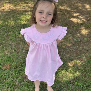 Big sister dress, Pink summer dress, toddler big sister, big sister embroidered outfit, scallop trim dress, pink embroidered big sister image 4