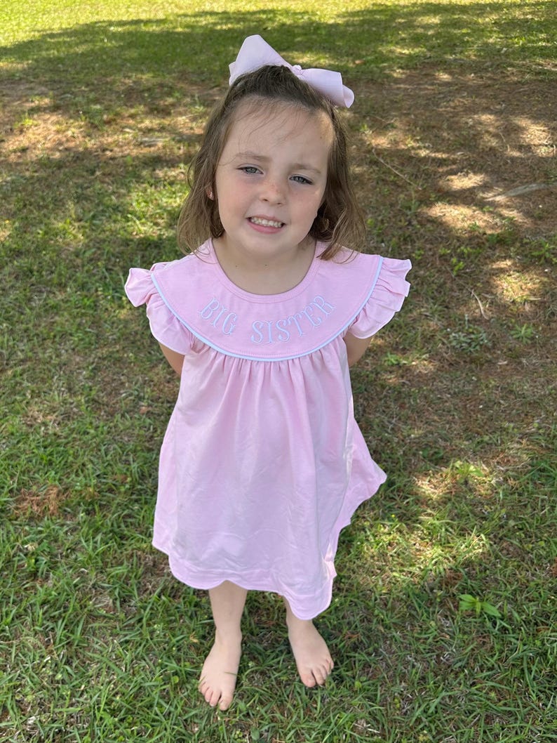 Big sister dress, Pink summer dress, toddler big sister, big sister embroidered outfit, scallop trim dress, pink embroidered big sister image 4