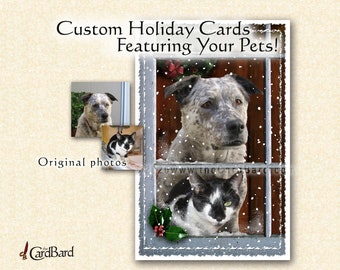 Custom Holiday Pet Photo Card - "Snowfall" - Charming Pet Christmas Card - Pet Portrait