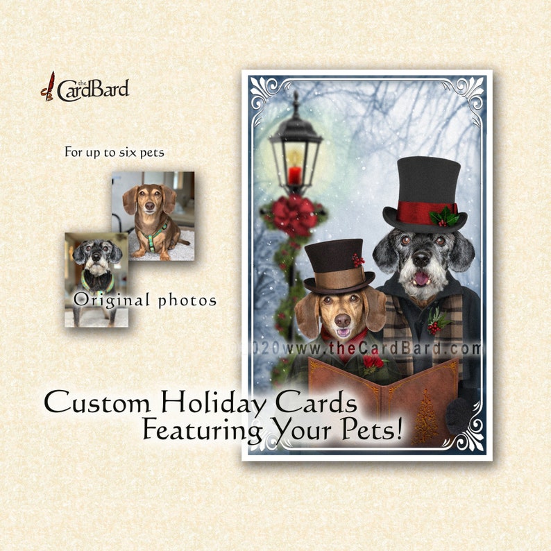 Custom Pet Christmas Card A-Caroling Personalized Pet Holiday Card Pet Portrait image 1