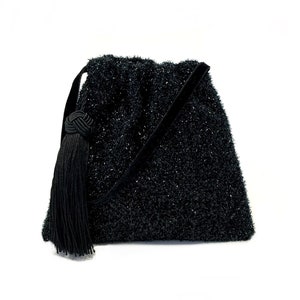 Little black purse with tassel, tiny bag, unique bag, eco friendly upcycled bag, boho handbag, mini evening purse, cute purse, elegant pouch