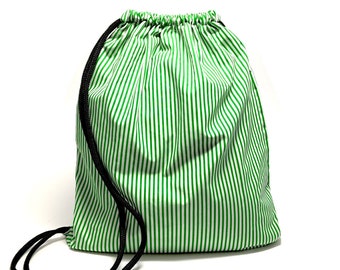 Green summer backpack, large student backpack, zero waste upcycled backpack, boho backpack, cinch sack, drawstring backpack, fabric backpack