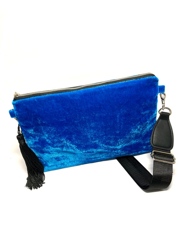 Blue Velvet Bag With Tassel Unique Clutch Zero Waste Recycled Bag Boho Bag Evening Purse Zip Bag Wide Strap Bag Blue Crossbody Bag Etsy